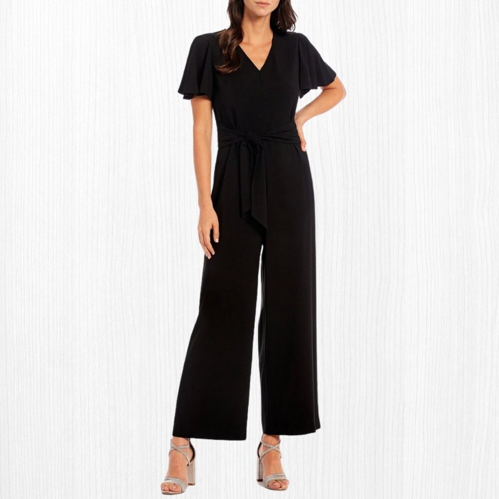 NWT Preston&York Kayla V-Neck Short Flutter Sleeve Tie Belt Jumpsuit Sz 6 Black